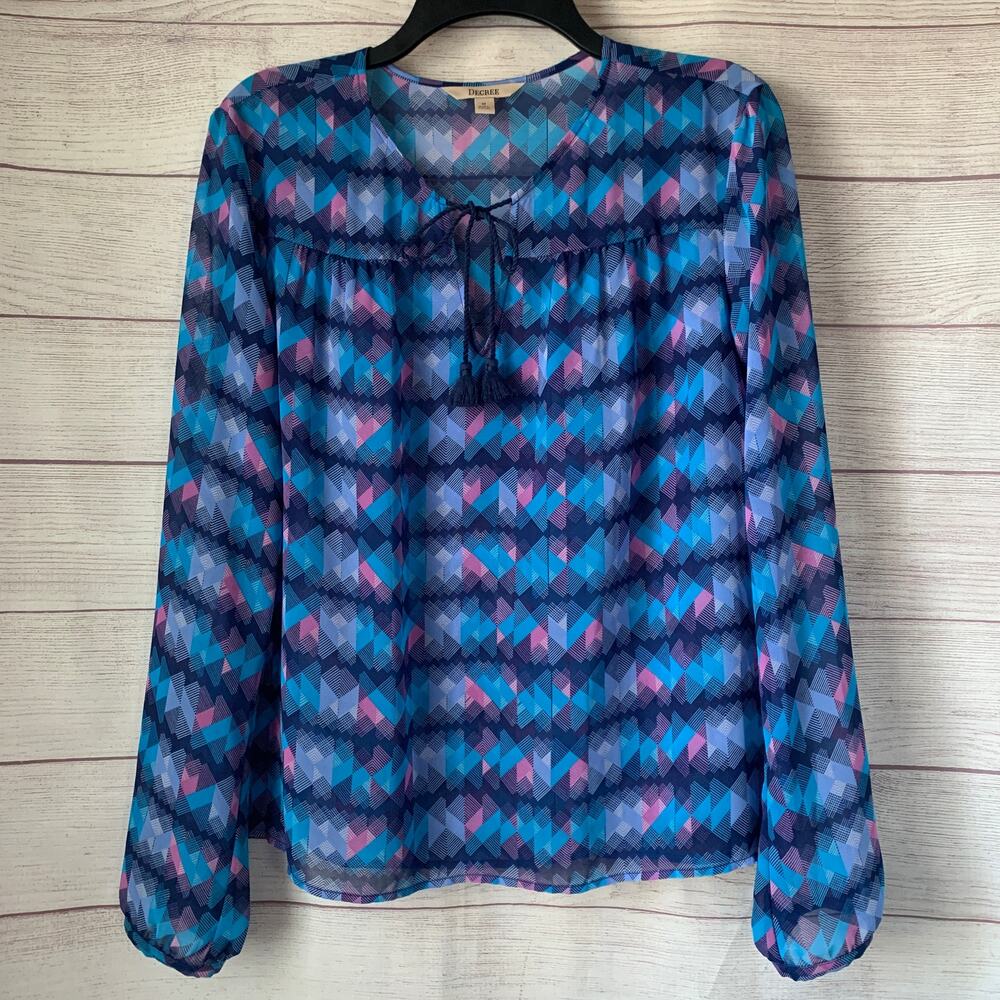 Decree Blue and Pink Abstract Blouse Tassel Tie String Long Sleeve Size Medium
